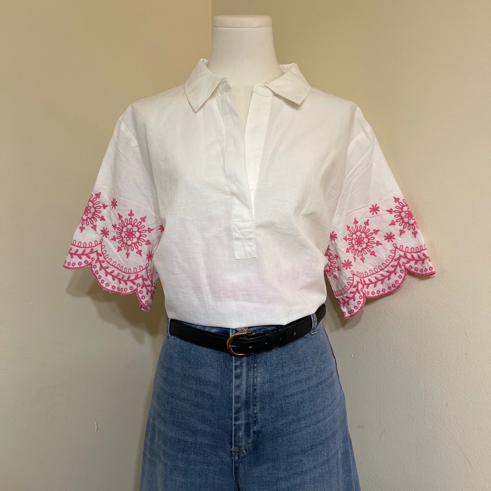 Talbots White Cotton Linen Pink Embroidered Scallop Hem Popover Blouse L